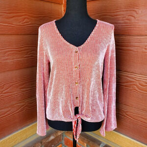 Alya Women's Ribbed Flared Sleeve Top Small Red White Stripe Tie Front Button up